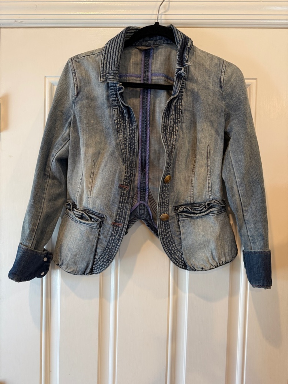 A/X Armani Exchange Light Wash Denim Jacket with Ruffle Trim